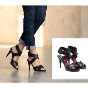 VTG Y2K Crisscross Ankle Strap High Heels Leather women's Sandals Black Sz 6 M